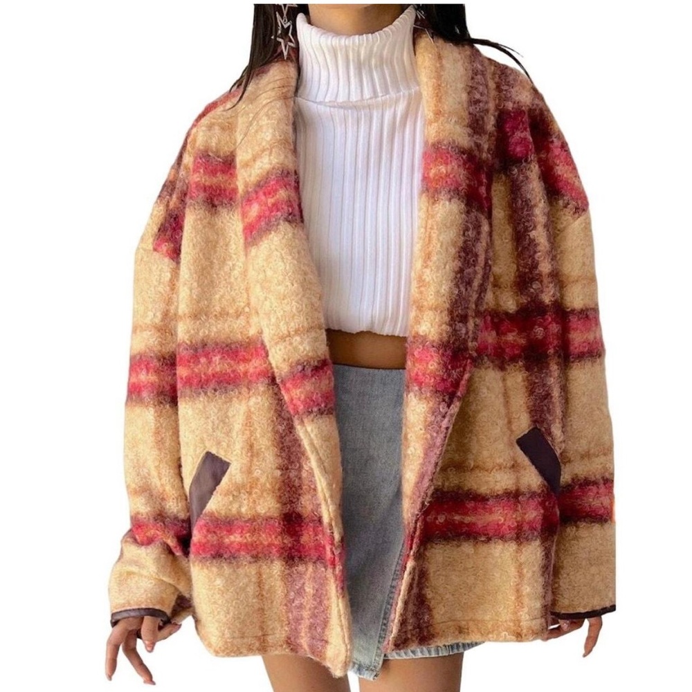 Knox Rose Jacket Maroon Tan Plaid Coat Button Front Tweed Lightweight